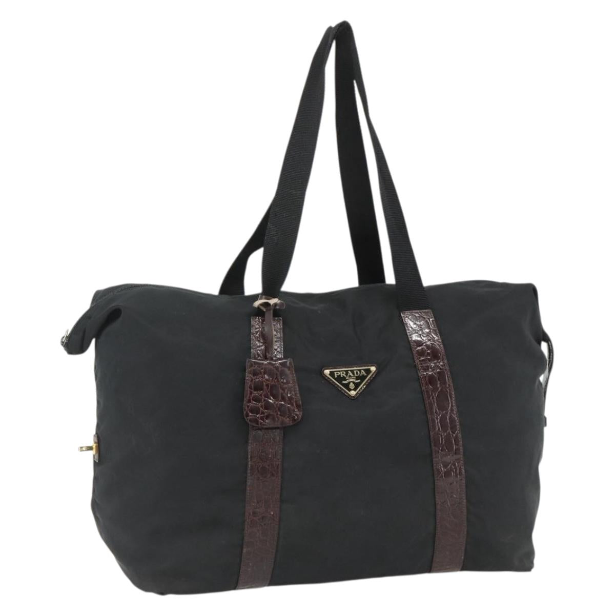 PRADA Boston Bag Nylon Black Gold Auth 176251