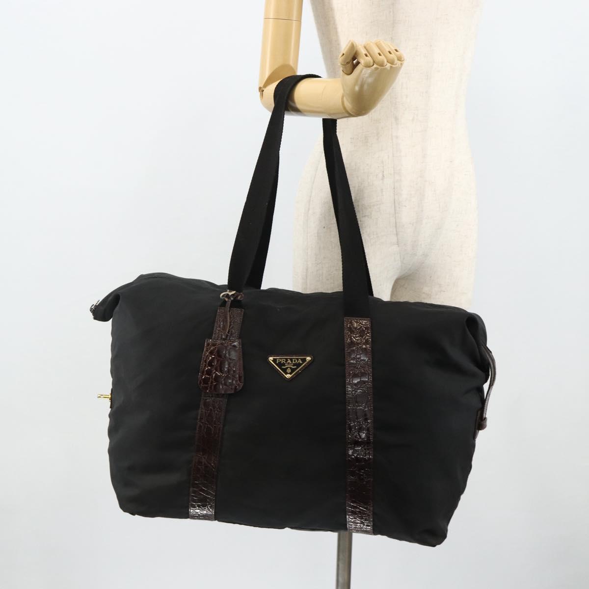 PRADA Boston Bag Nylon Black Gold Auth 176251