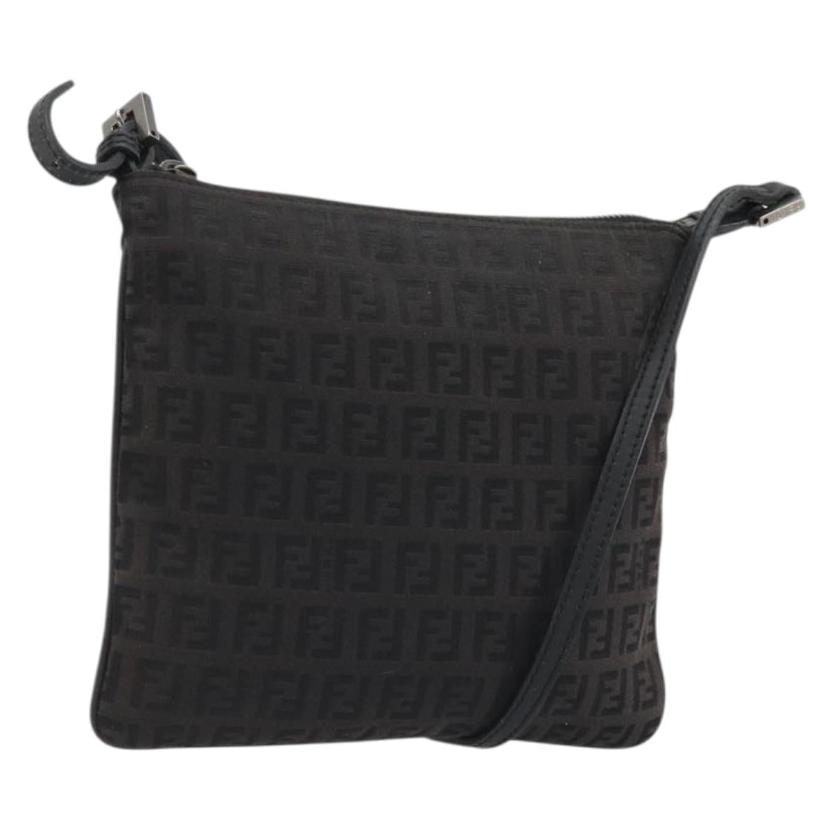 FENDI Zucchino Canvas Shoulder Bag Silver Black Auth 176275
