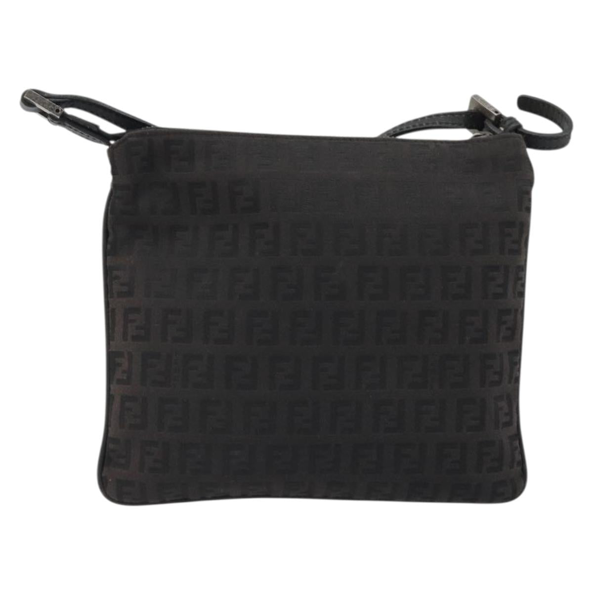 FENDI Zucchino Canvas Shoulder Bag Silver Black Auth 176275