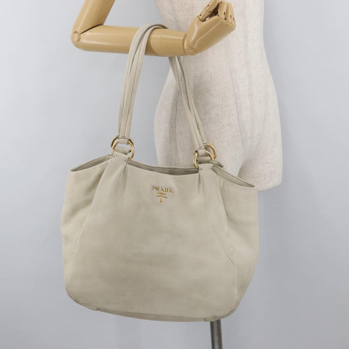 PRADA Tote Bag Leather Ivory Gold Auth 176345