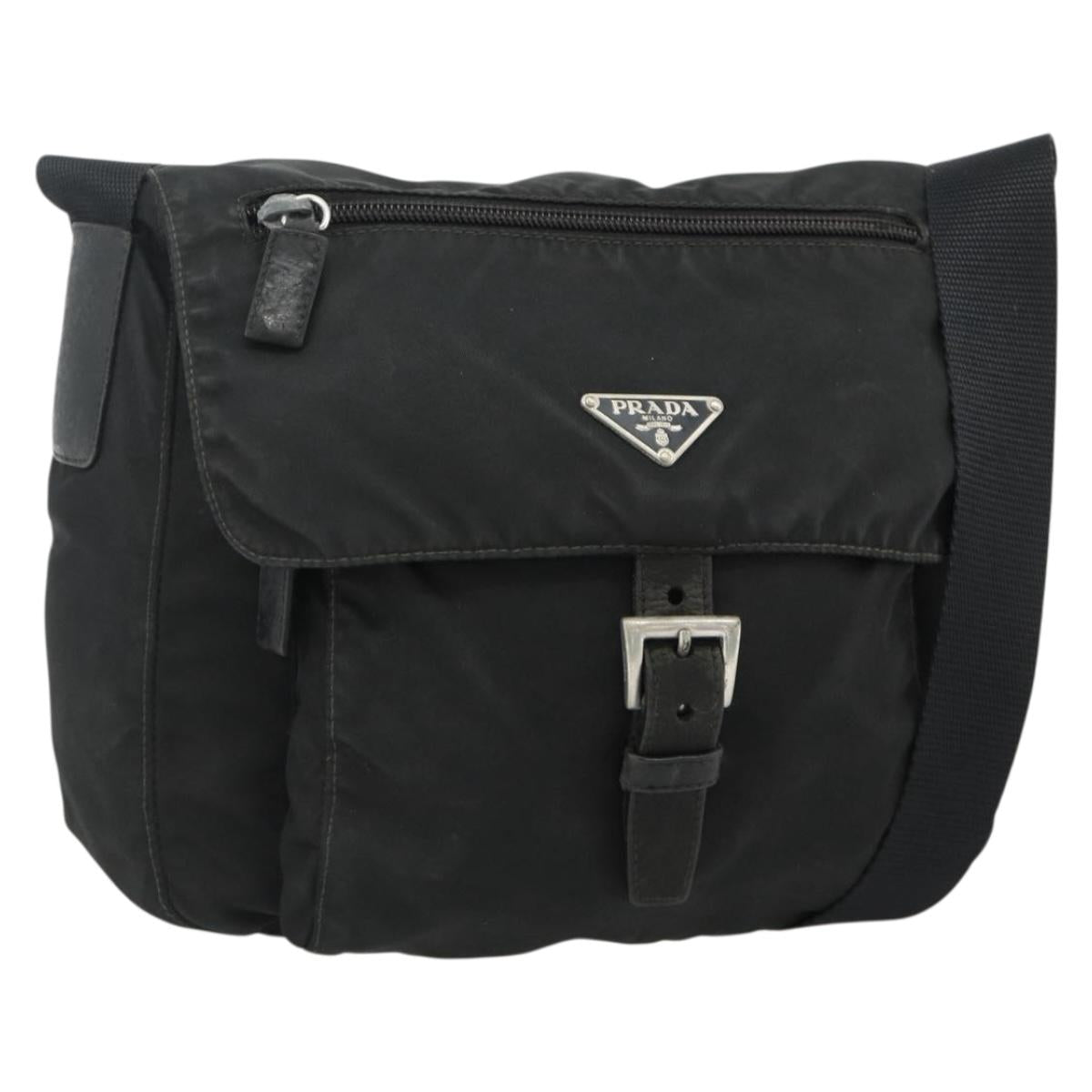 PRADA Shoulder Bag Nylon Black Silver Auth 176347