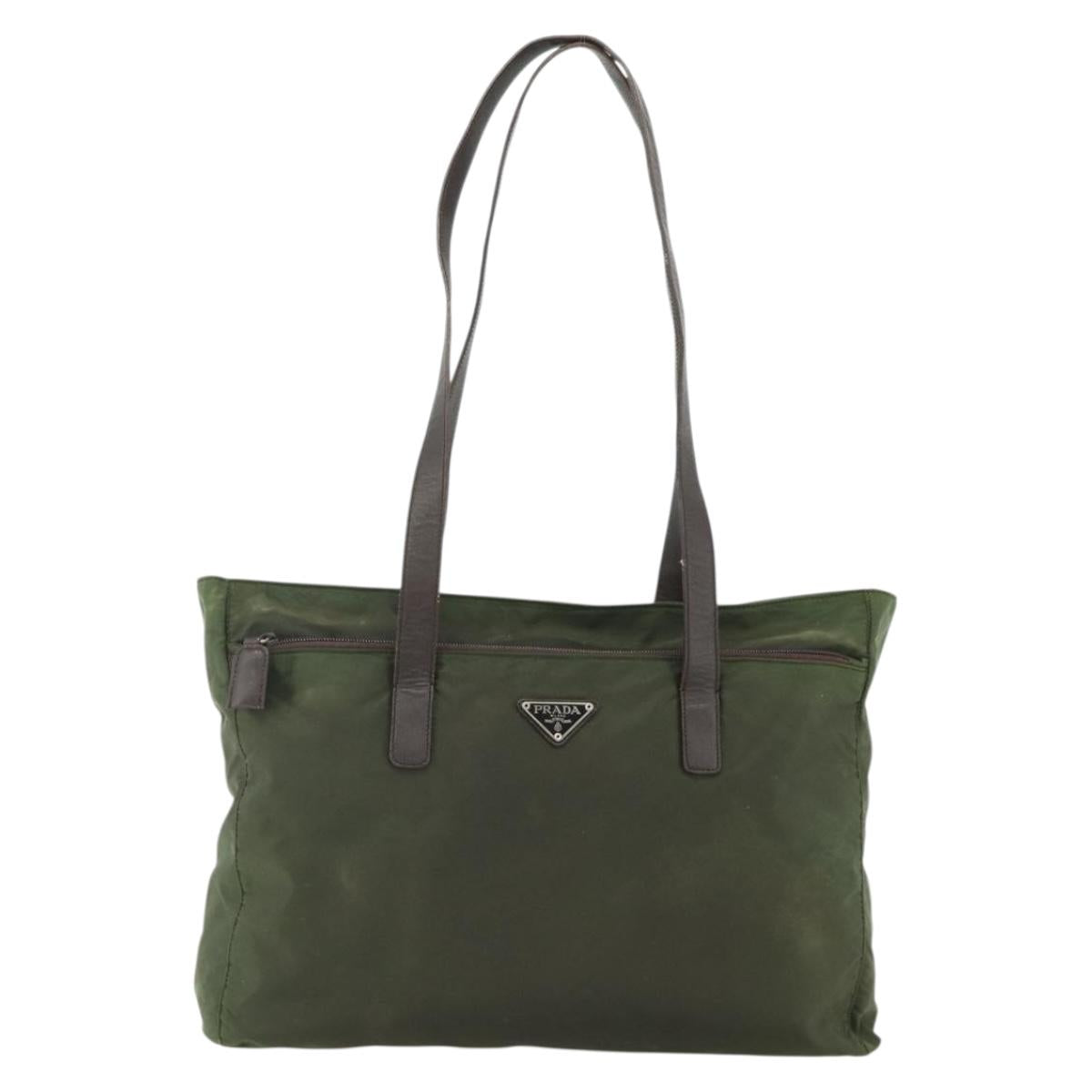 PRADA Tote Bag Nylon Khaki Silver Auth 176359