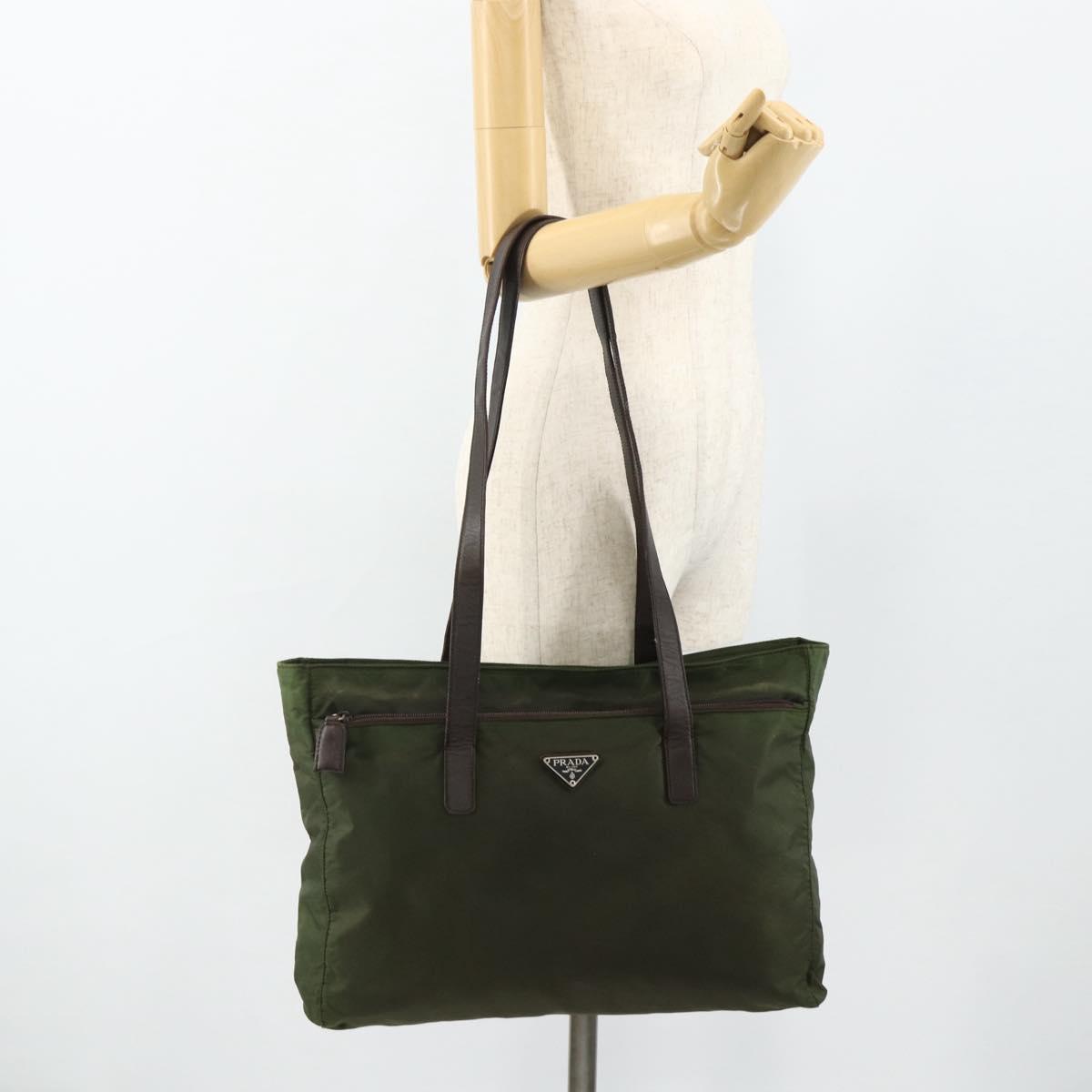 PRADA Tote Bag Nylon Khaki Silver Auth 176359