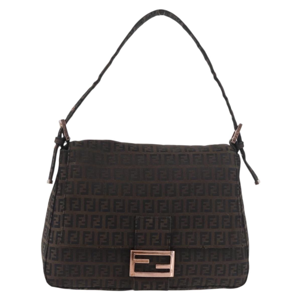 FENDI Zucchino Canvas Mamma Baguette Shoulder Bag Brown Black Auth 176363A