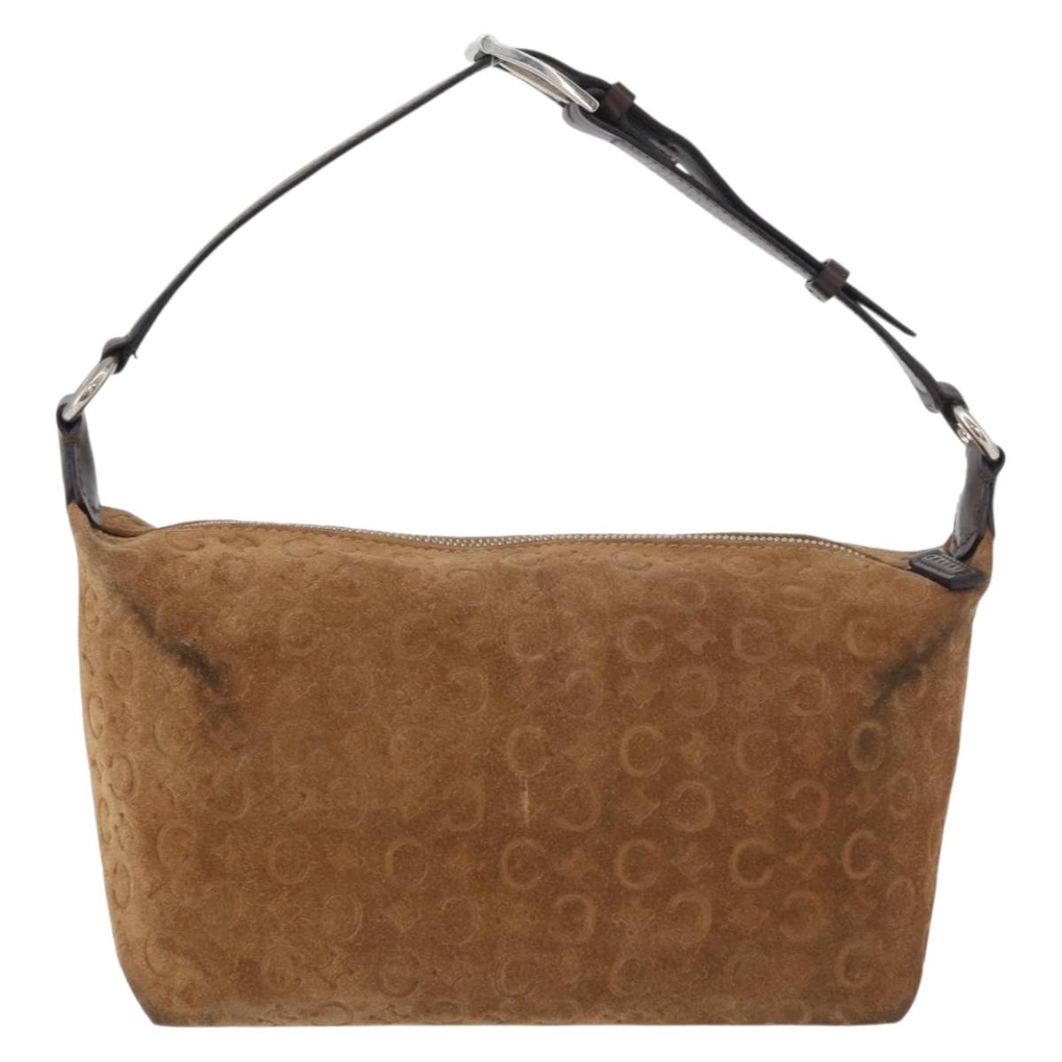 CELINE C Macadam Canvas Hand Bag Suede Brown Silver Auth 176369