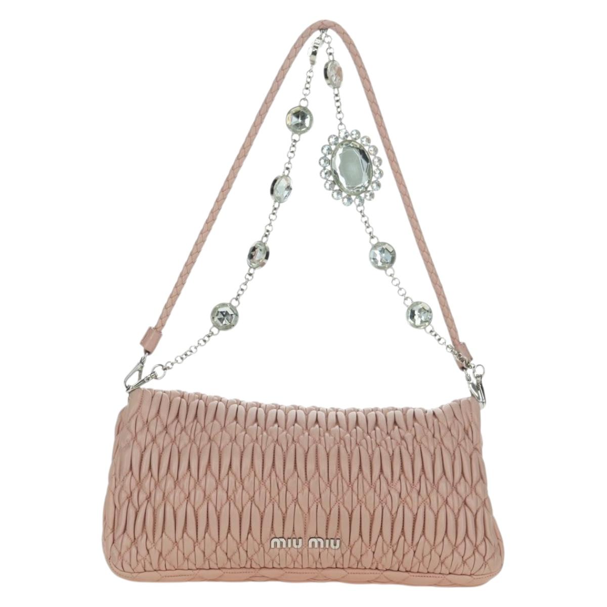Miu Miu Matelasse Chain Shoulder Bag Leather 2way Pink Silver Auth 176382SAM