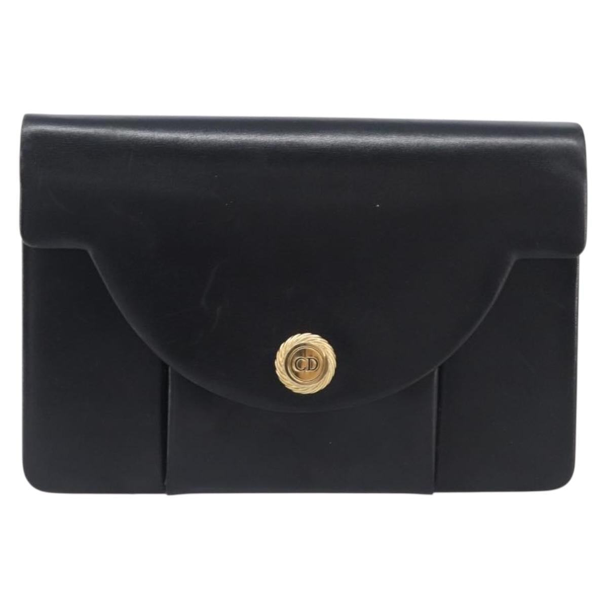 Christian Dior Chain Shoulder Bag Leather Black Gold Auth 176389