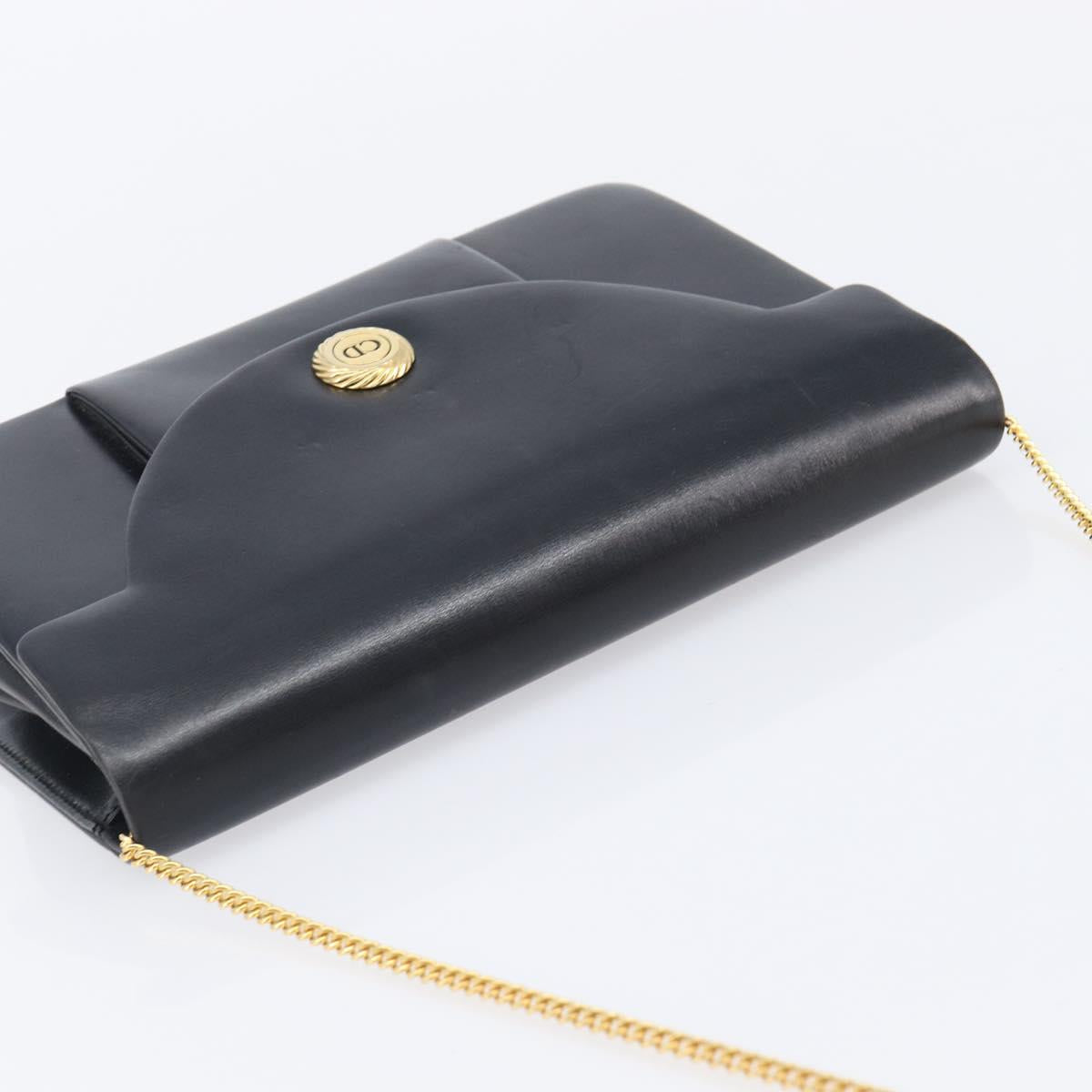 Christian Dior Chain Shoulder Bag Leather Black Gold Auth 176389