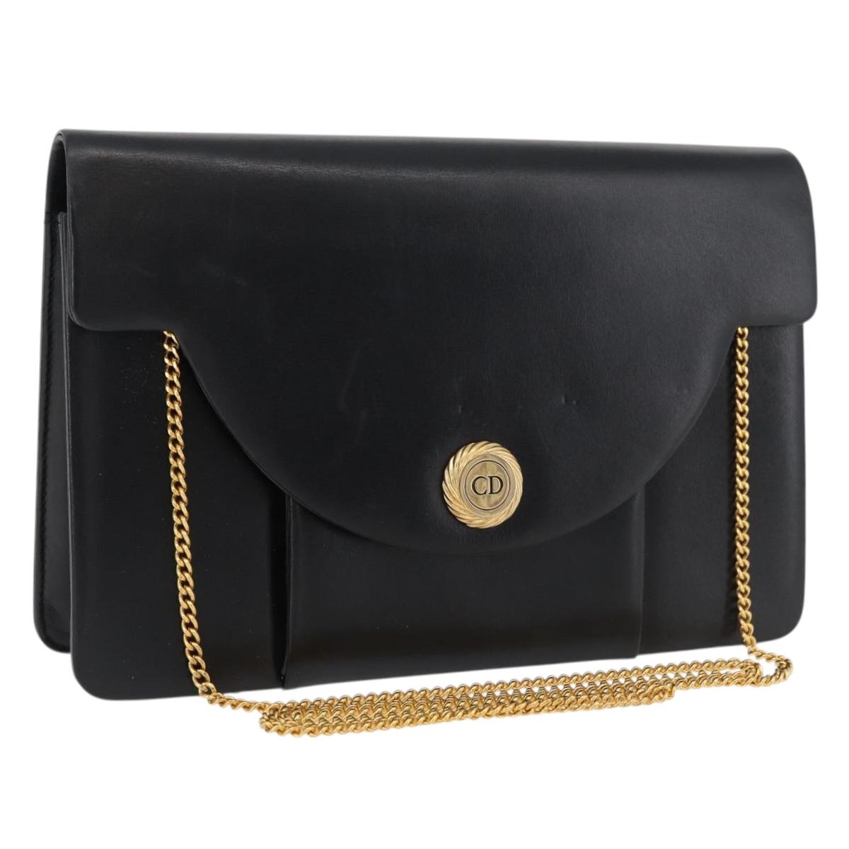 Christian Dior Chain Shoulder Bag Leather Black Gold Auth 176389A