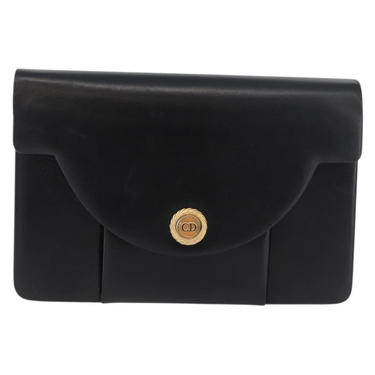 Christian Dior Chain Shoulder Bag Leather Black Gold Auth 176389A