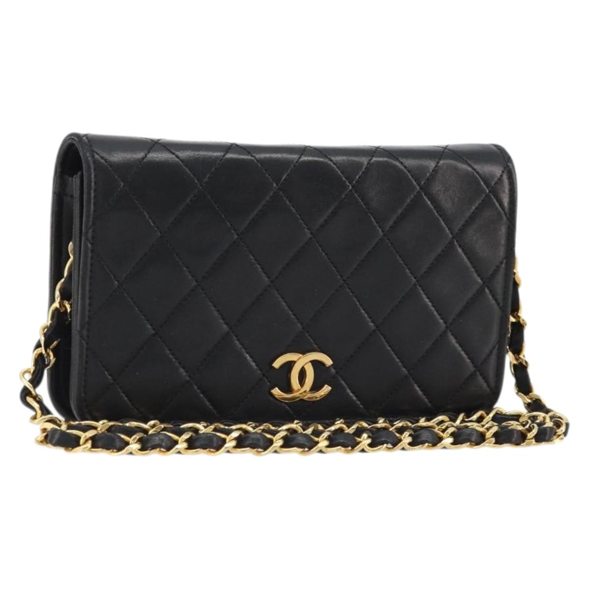 CHANEL Matelasse Chain Shoulder Bag Lamb Skin Black Gold CC Auth 176391