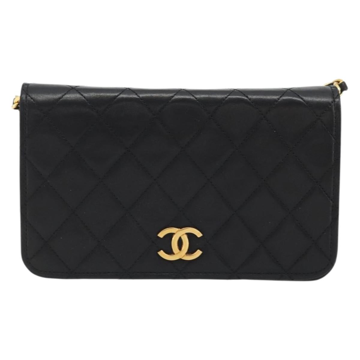 CHANEL Matelasse Chain Shoulder Bag Lamb Skin Black Gold CC Auth 176391