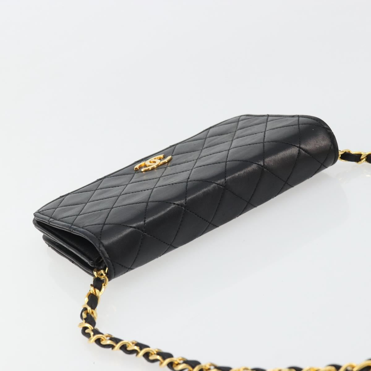 CHANEL Matelasse Chain Shoulder Bag Lamb Skin Black Gold CC Auth 176391