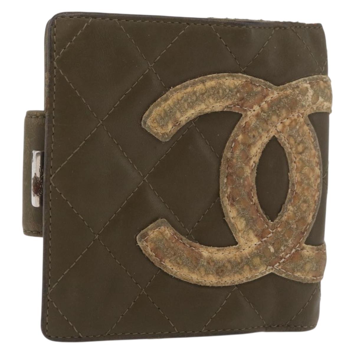 CHANEL Cambon Line Bifold Wallet Embossed leather Khaki CC Auth 176408