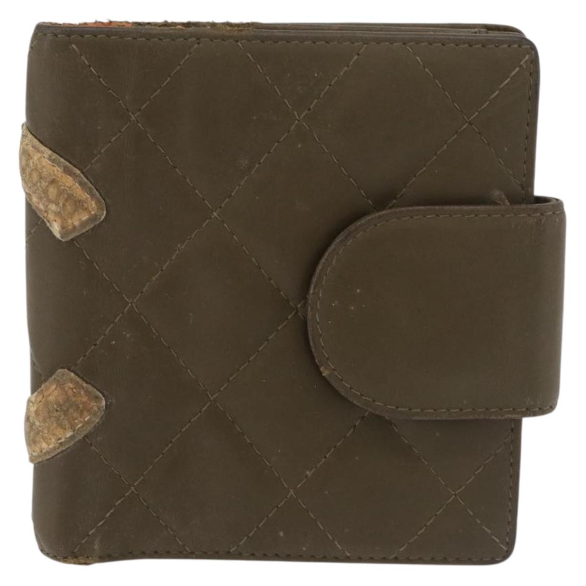 CHANEL Cambon Line Bifold Wallet Embossed leather Khaki CC Auth 176408