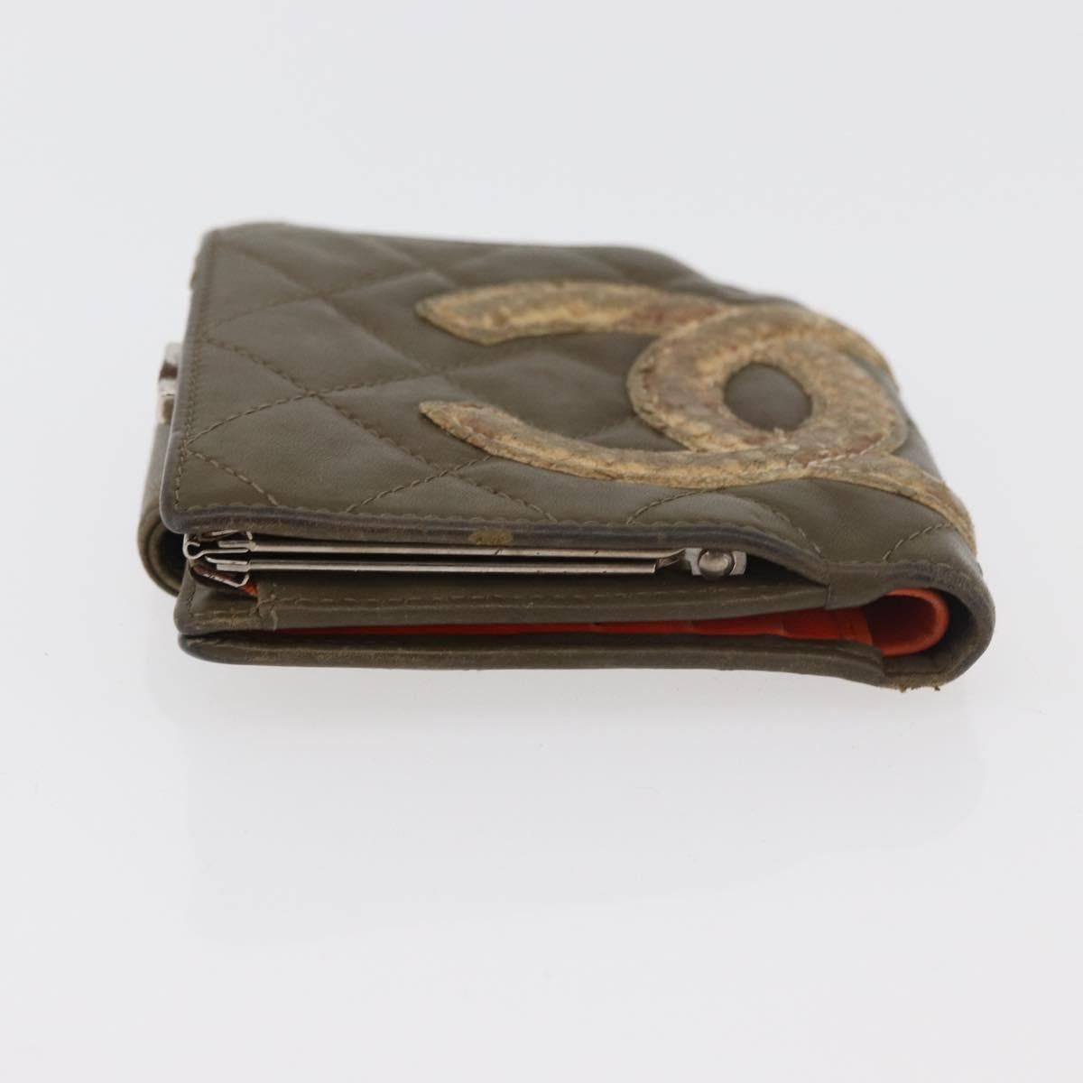 CHANEL Cambon Line Bifold Wallet Embossed leather Khaki CC Auth 176408