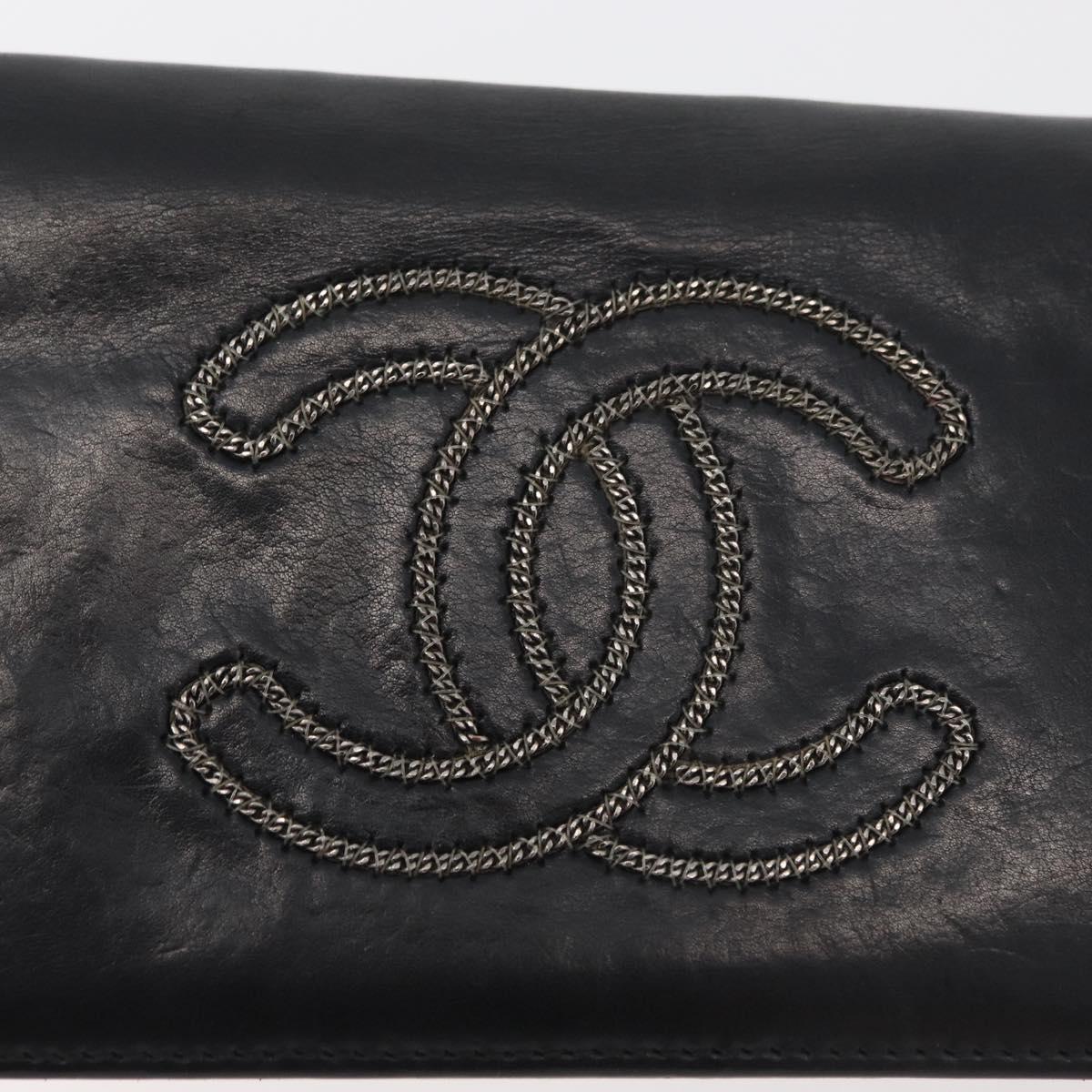 CHANEL Long Wallet Leather Black CC Auth 176410