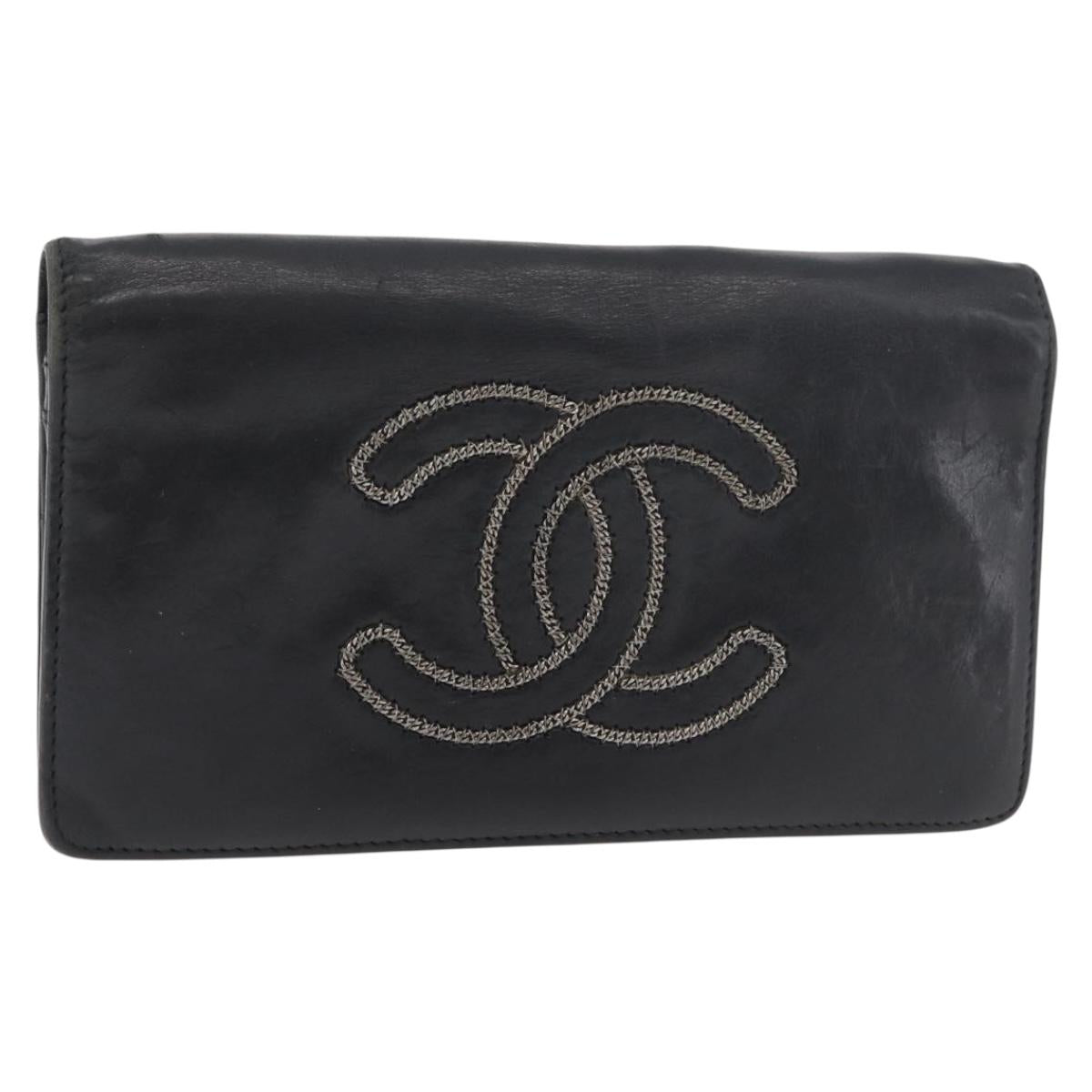 CHANEL Long Wallet Leather Black CC Auth 176410