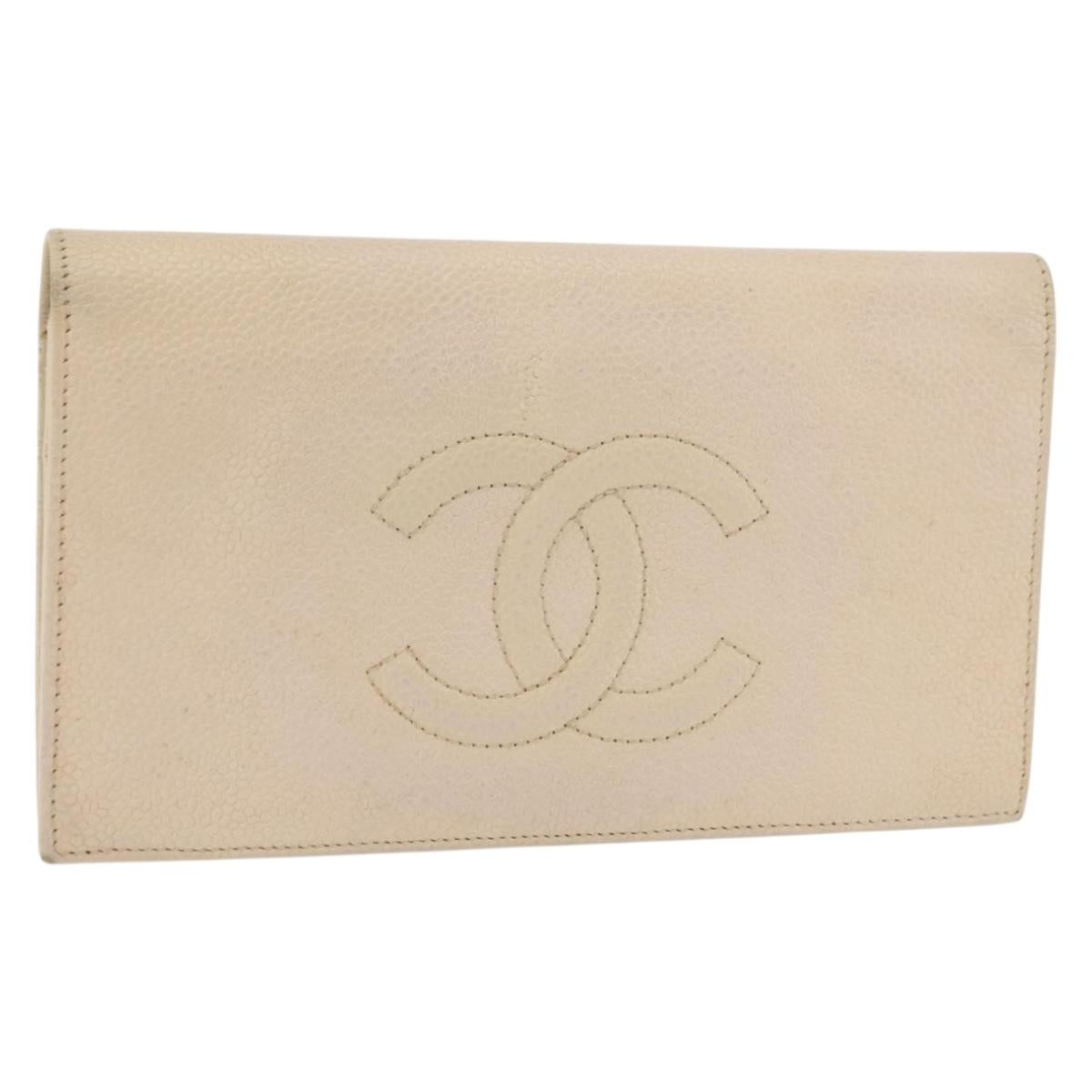CHANEL Long Wallet Caviar Skin Beige Gold CC Auth 176411