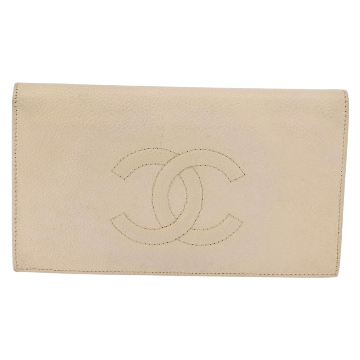 CHANEL Long Wallet Caviar Skin Beige Gold CC Auth 176411