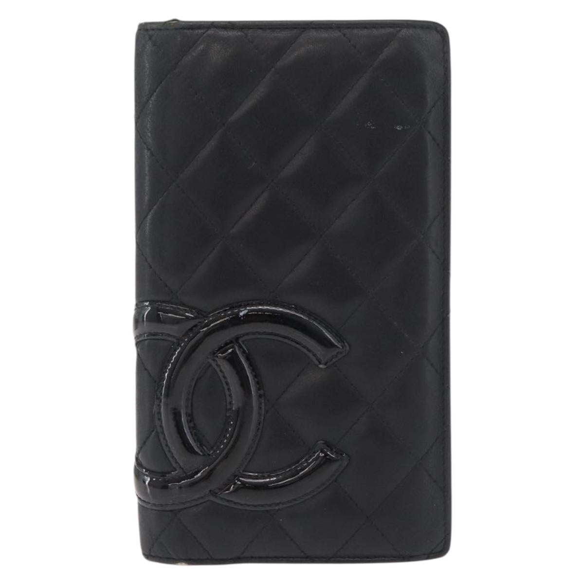 CHANEL Cambon Line Long Wallet Lamb Skin Black CC Auth 176412