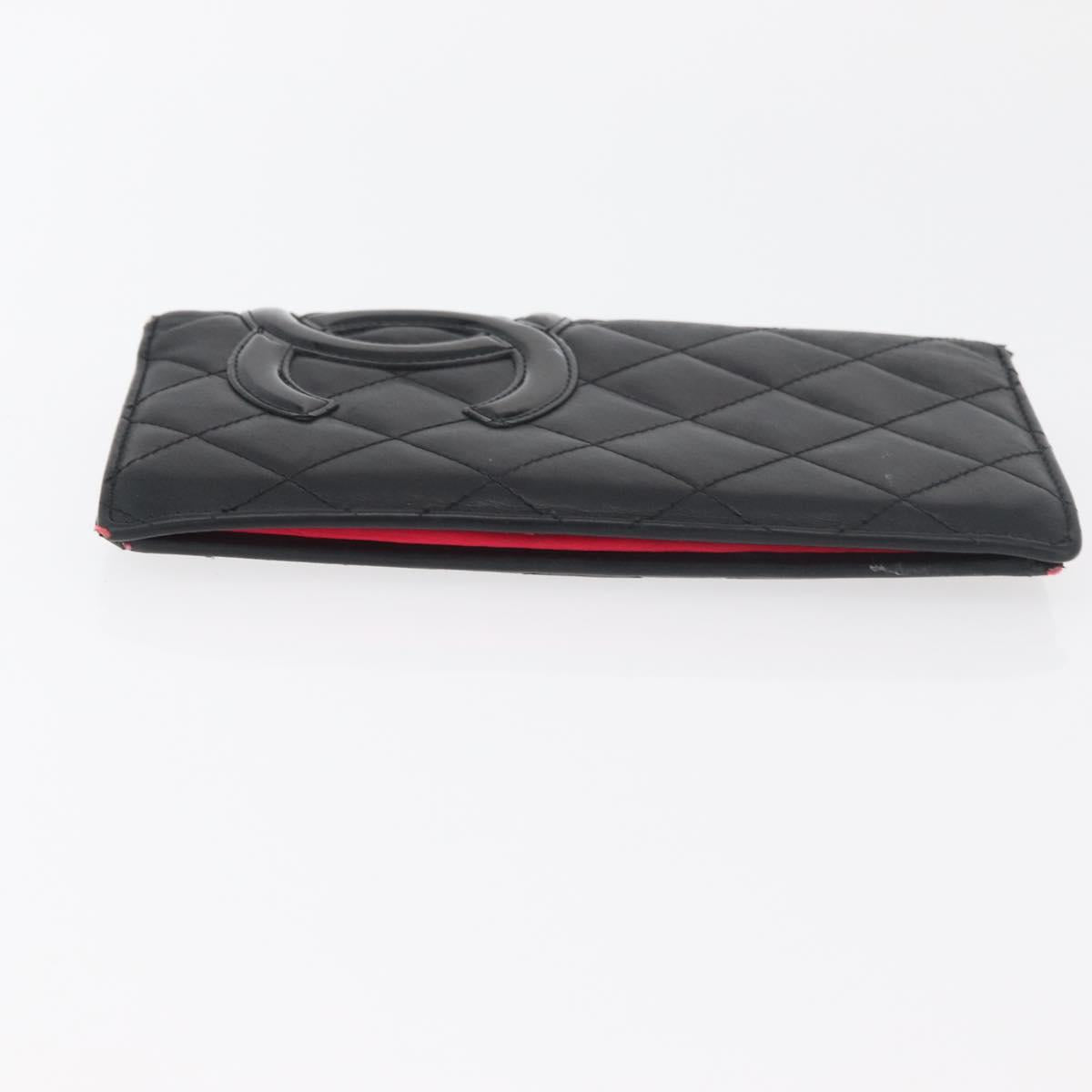 CHANEL Cambon Line Long Wallet Lamb Skin Black CC Auth 176412