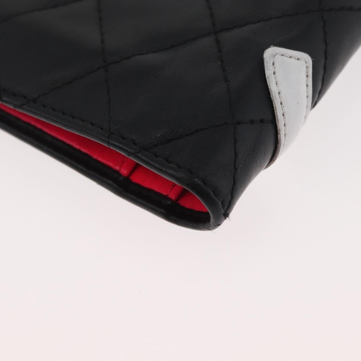 CHANEL Cambon Line Long Wallet Lamb Skin Black White CC Auth 176413A