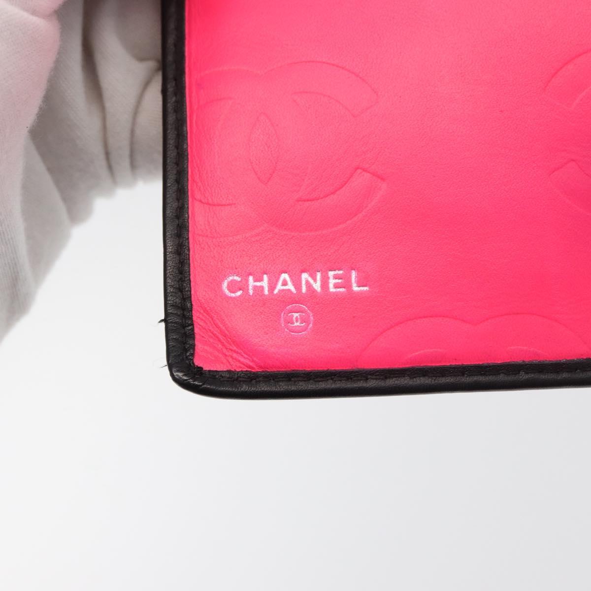 CHANEL Cambon Line Long Wallet Lamb Skin Black White CC Auth 176413A