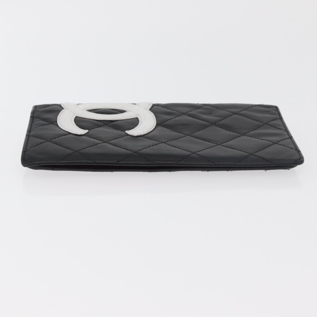 CHANEL Cambon Line Long Wallet Lamb Skin Black White CC Auth 176413A