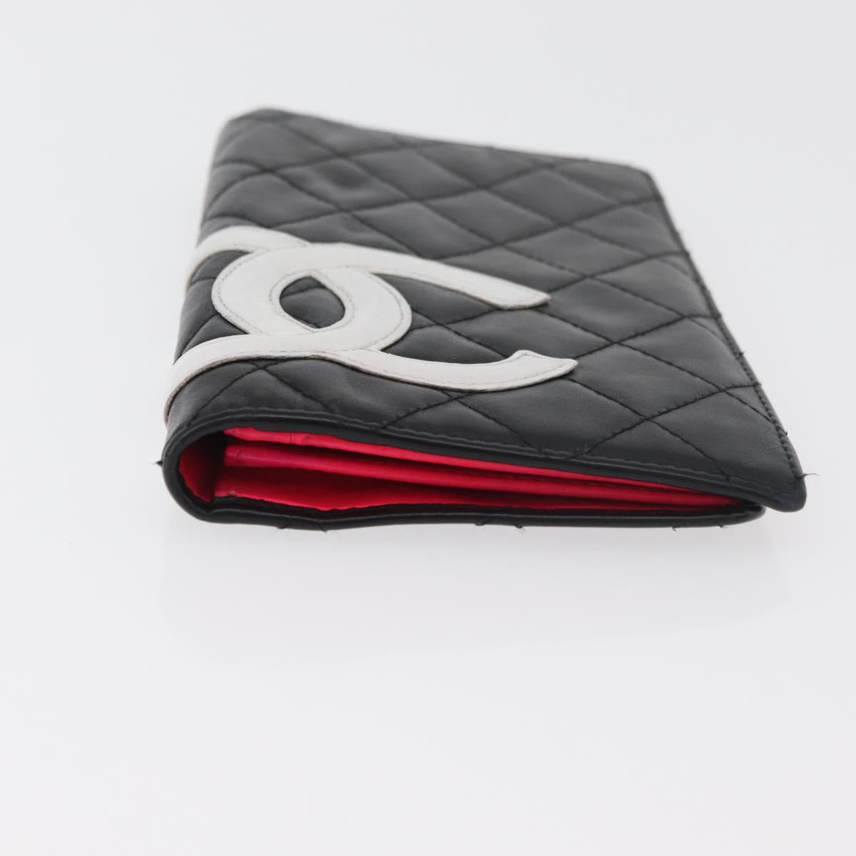 CHANEL Cambon Line Long Wallet Lamb Skin Black White CC Auth 176413A