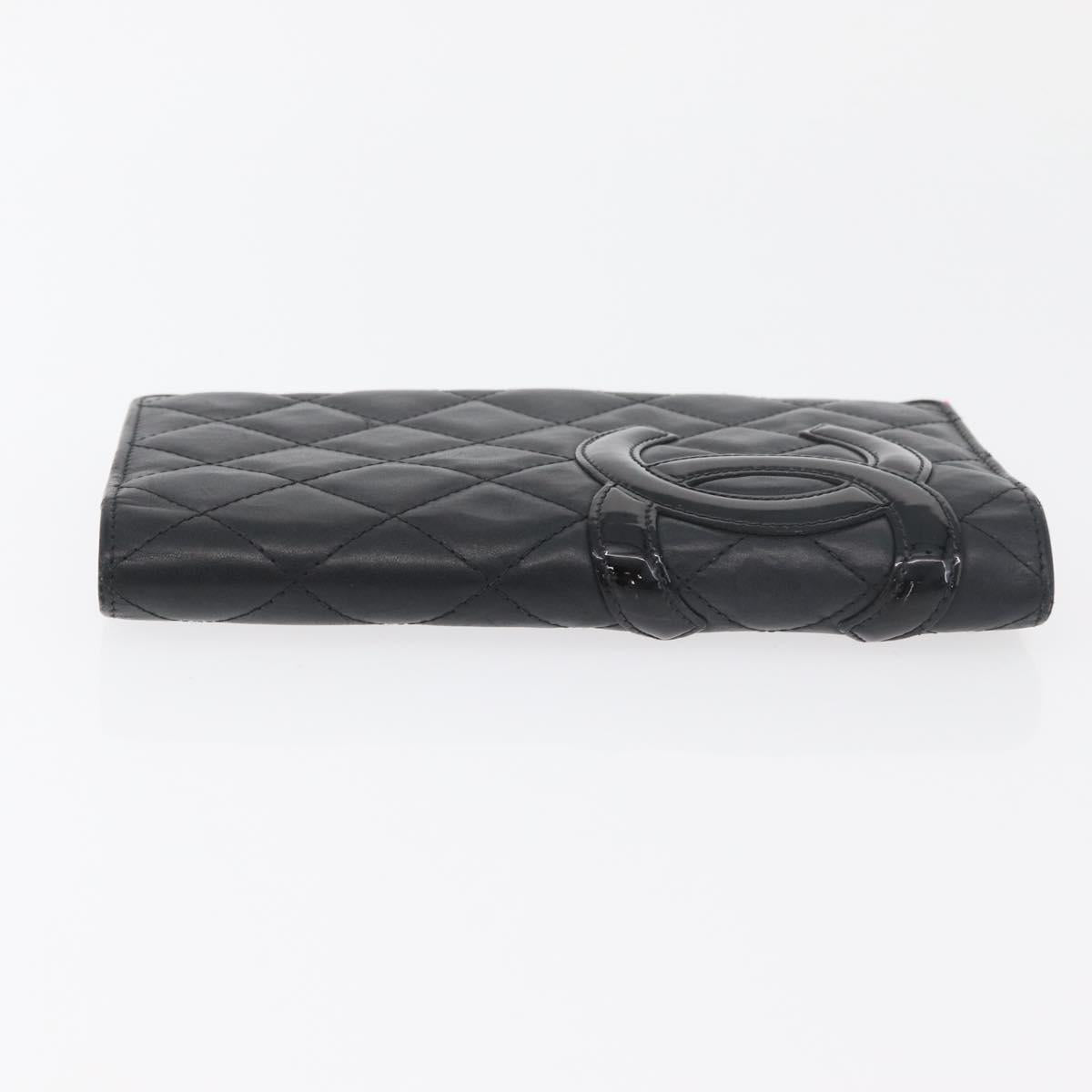 CHANEL Cambon Line Long Wallet Lamb Skin Black CC Auth 176414