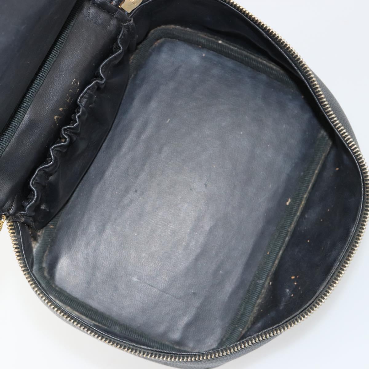 CHANEL Vanity Hand Bag Caviar Skin Black Gold CC Auth 176421