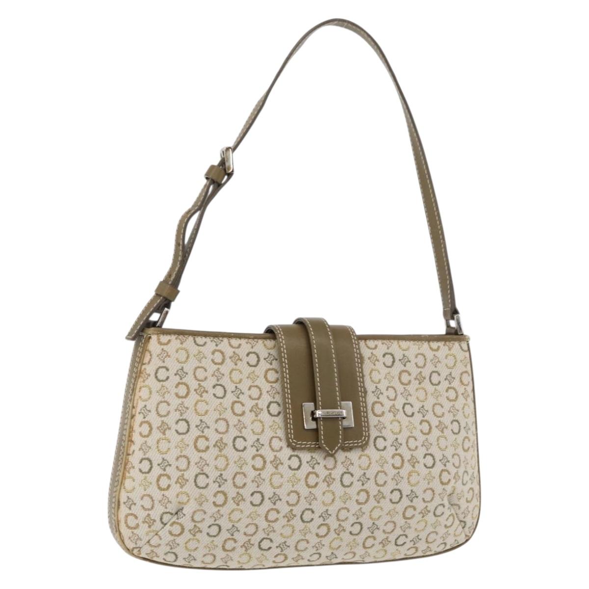 CELINE C Macadam Canvas Shoulder Bag Beige Silver Auth 176486A