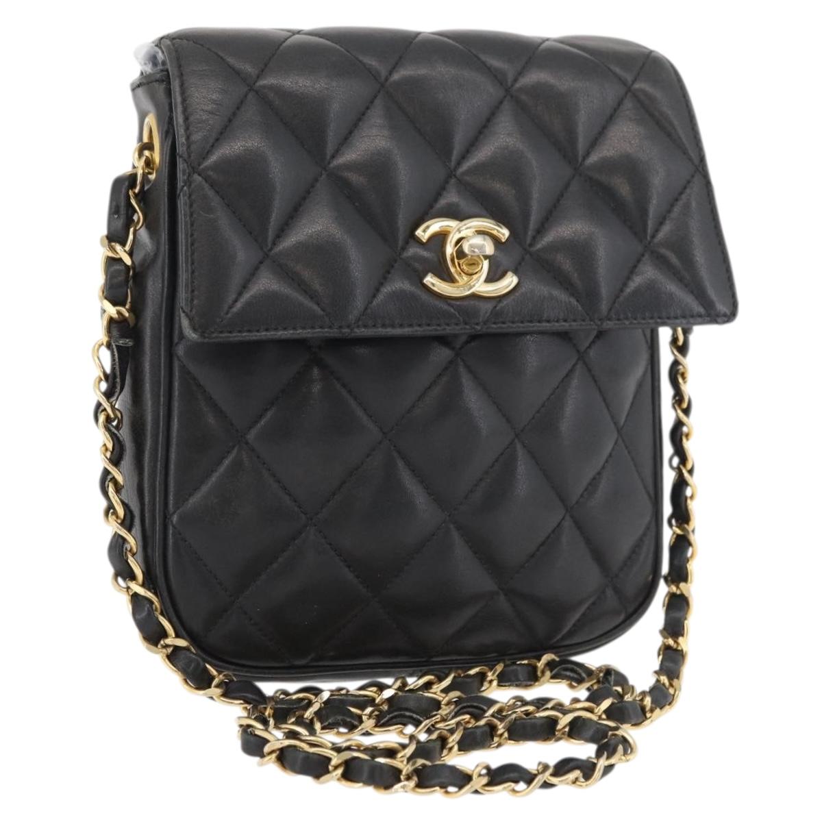 CHANEL Matelasse Chain Shoulder Bag Lamb Skin Black Gold CC Auth 176495