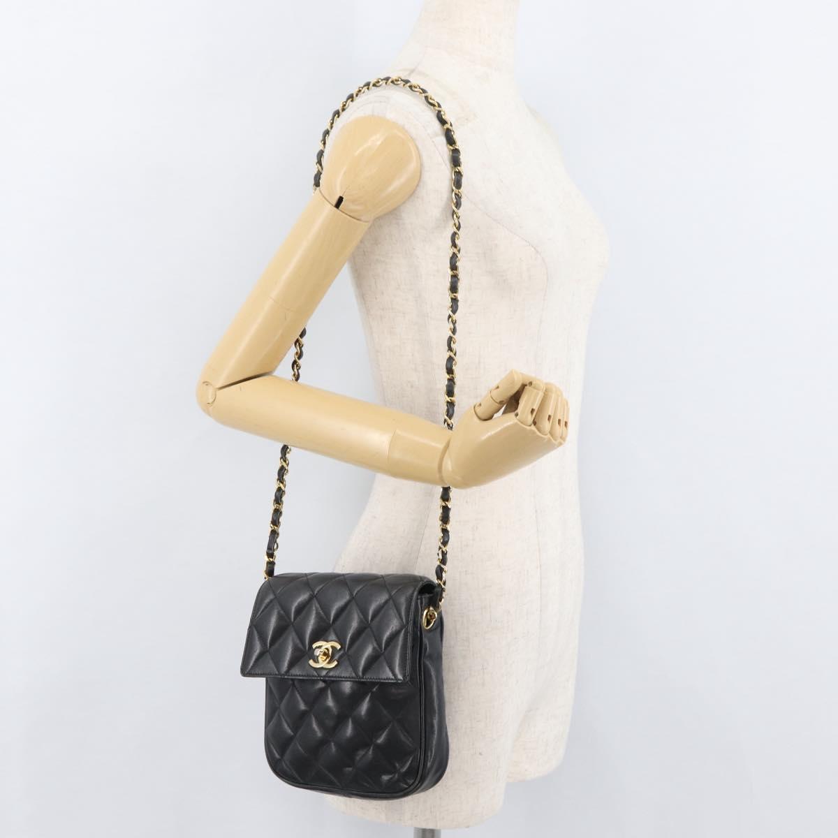 CHANEL Matelasse Chain Shoulder Bag Lamb Skin Black Gold CC Auth 176495