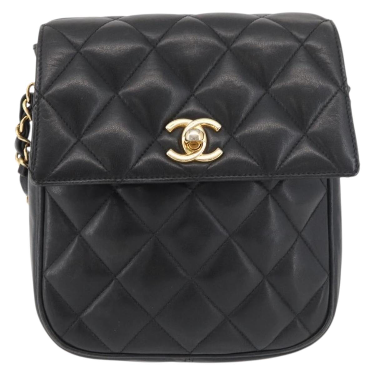CHANEL Matelasse Chain Shoulder Bag Lamb Skin Black Gold CC Auth 176495