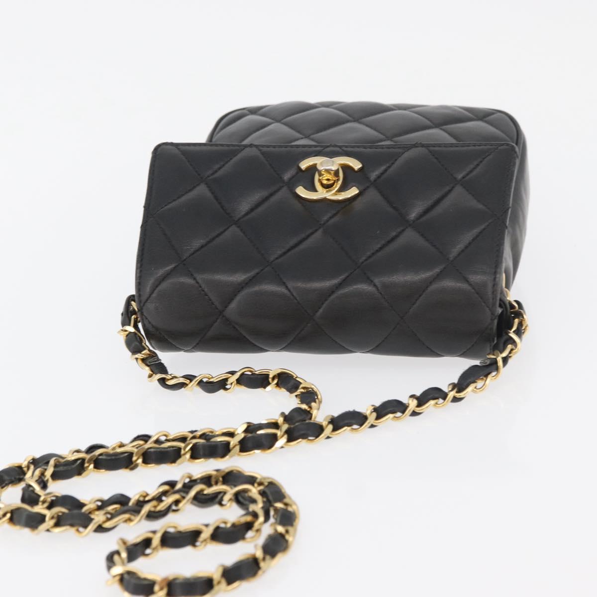 CHANEL Matelasse Chain Shoulder Bag Lamb Skin Black Gold CC Auth 176495
