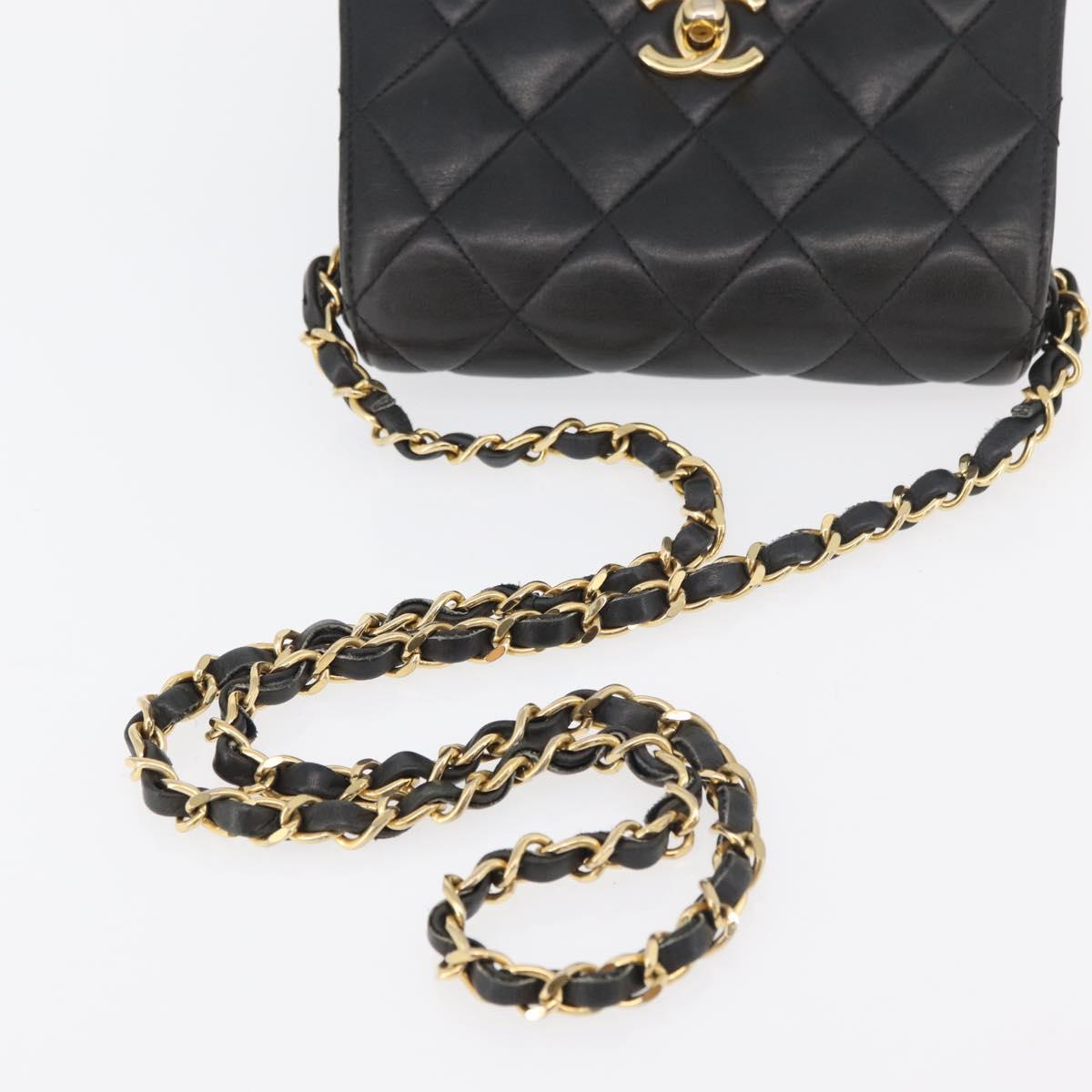 CHANEL Matelasse Chain Shoulder Bag Lamb Skin Black Gold CC Auth 176495
