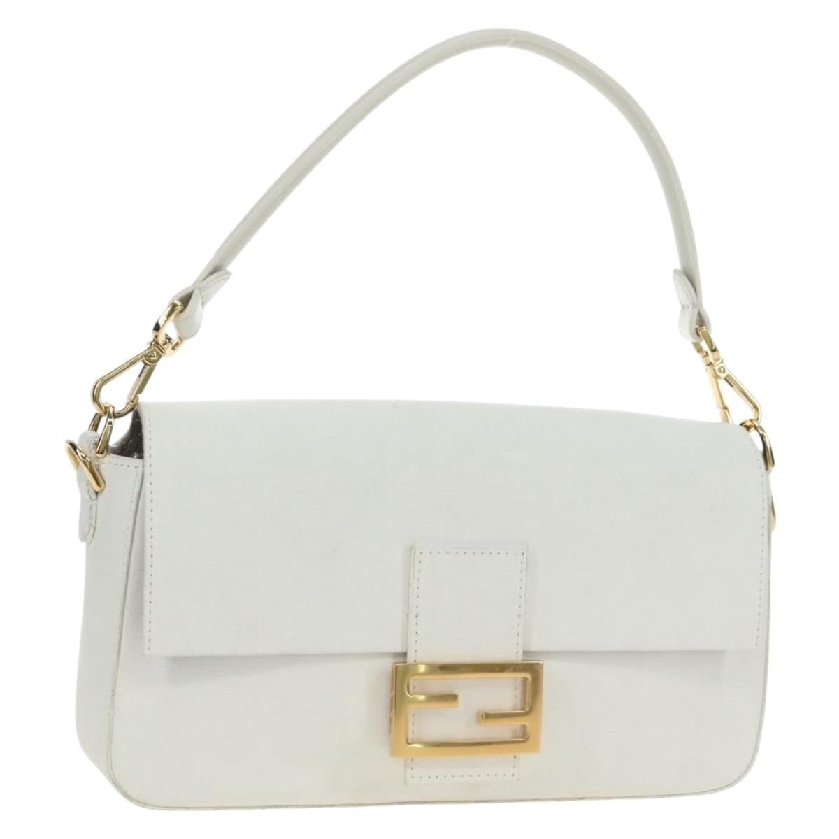 FENDI Drawing Mamma Baguette Shoulder Bag Canvas White Gold Auth 176502SM