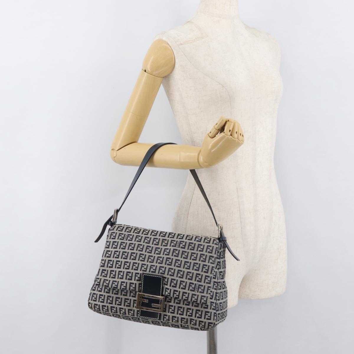 FENDI Zucchino Canvas Mamma Baguette Shoulder Bag Navy Silver Auth 176566V