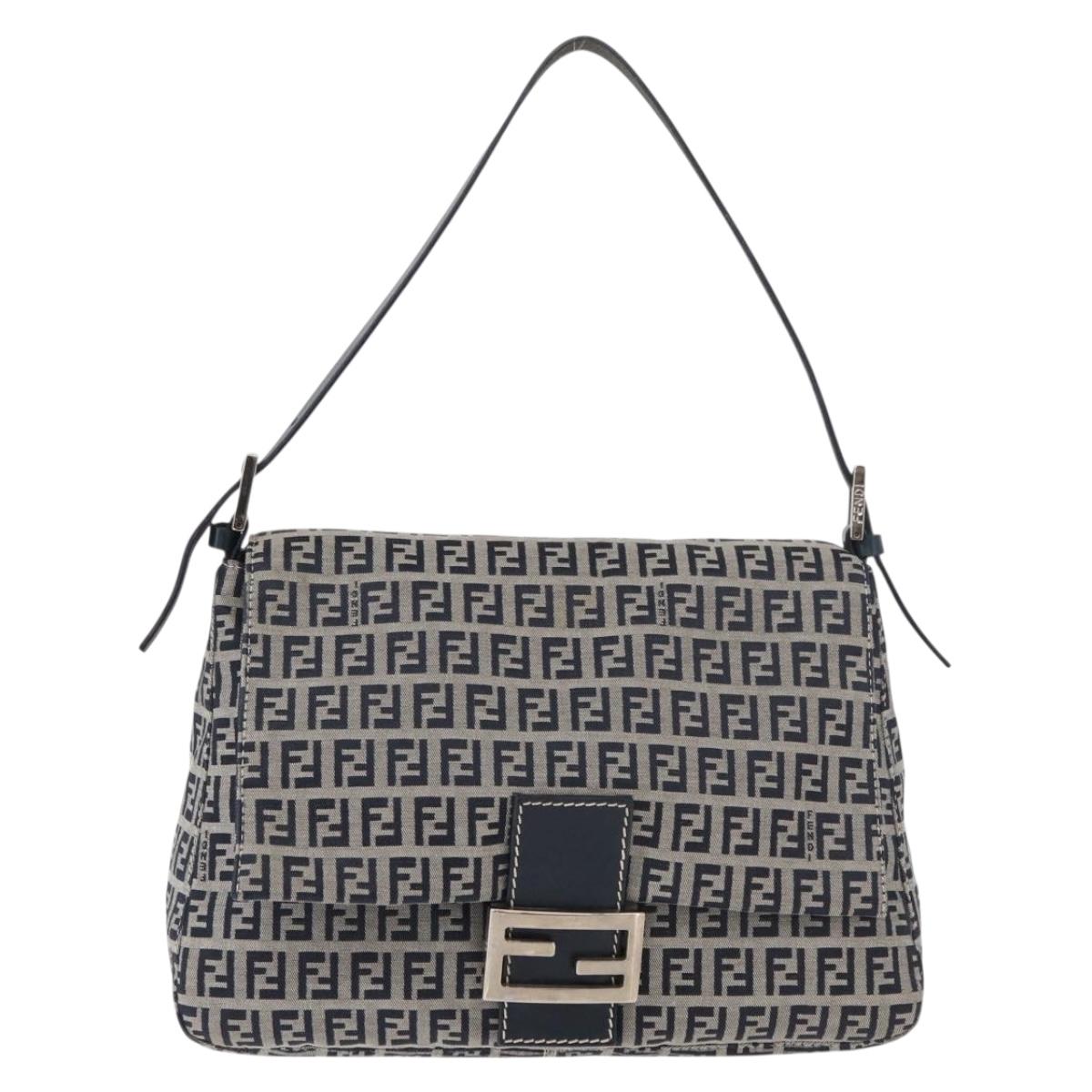 FENDI Zucchino Canvas Mamma Baguette Shoulder Bag Navy Silver Auth 176566V