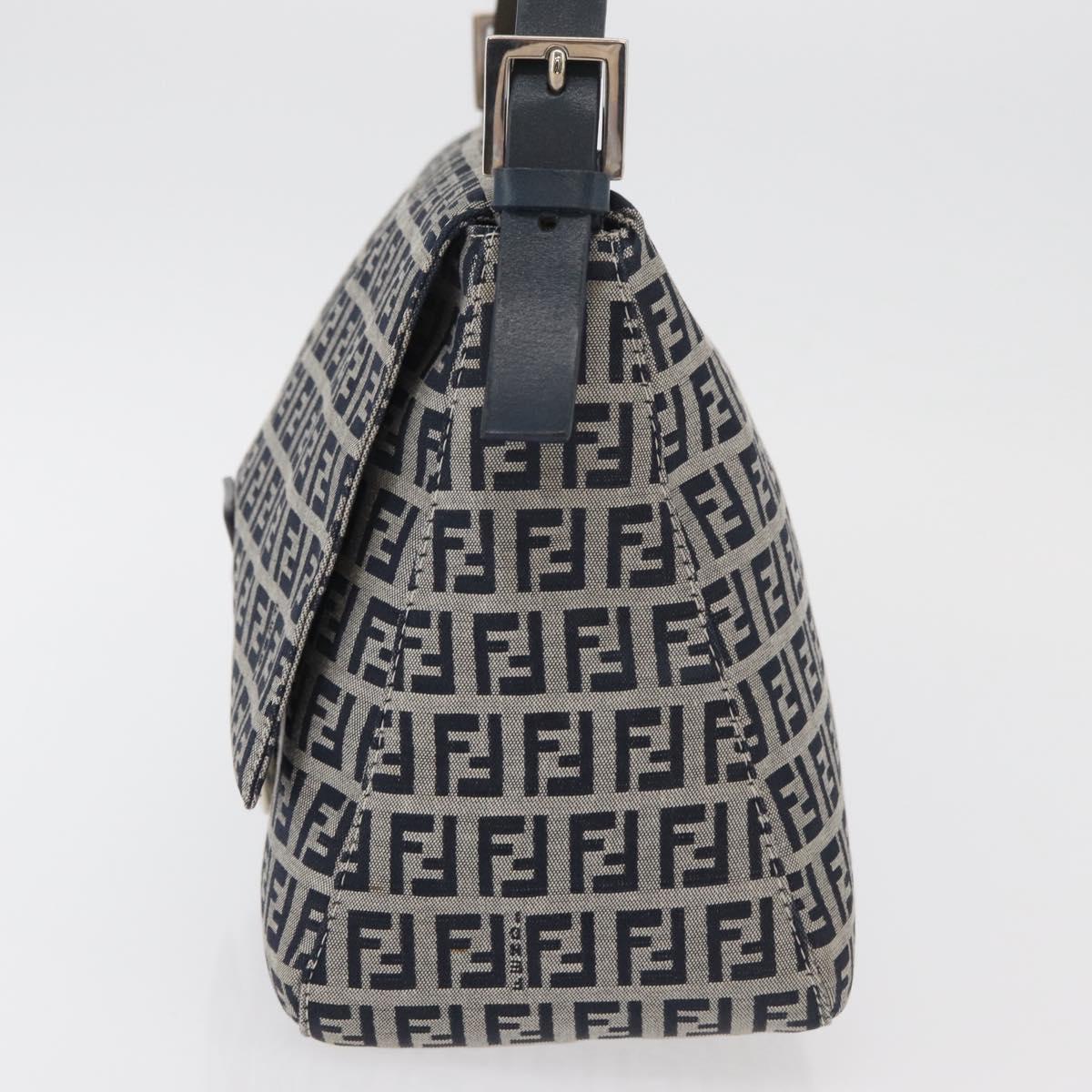 FENDI Zucchino Canvas Mamma Baguette Shoulder Bag Navy Silver Auth 176566V