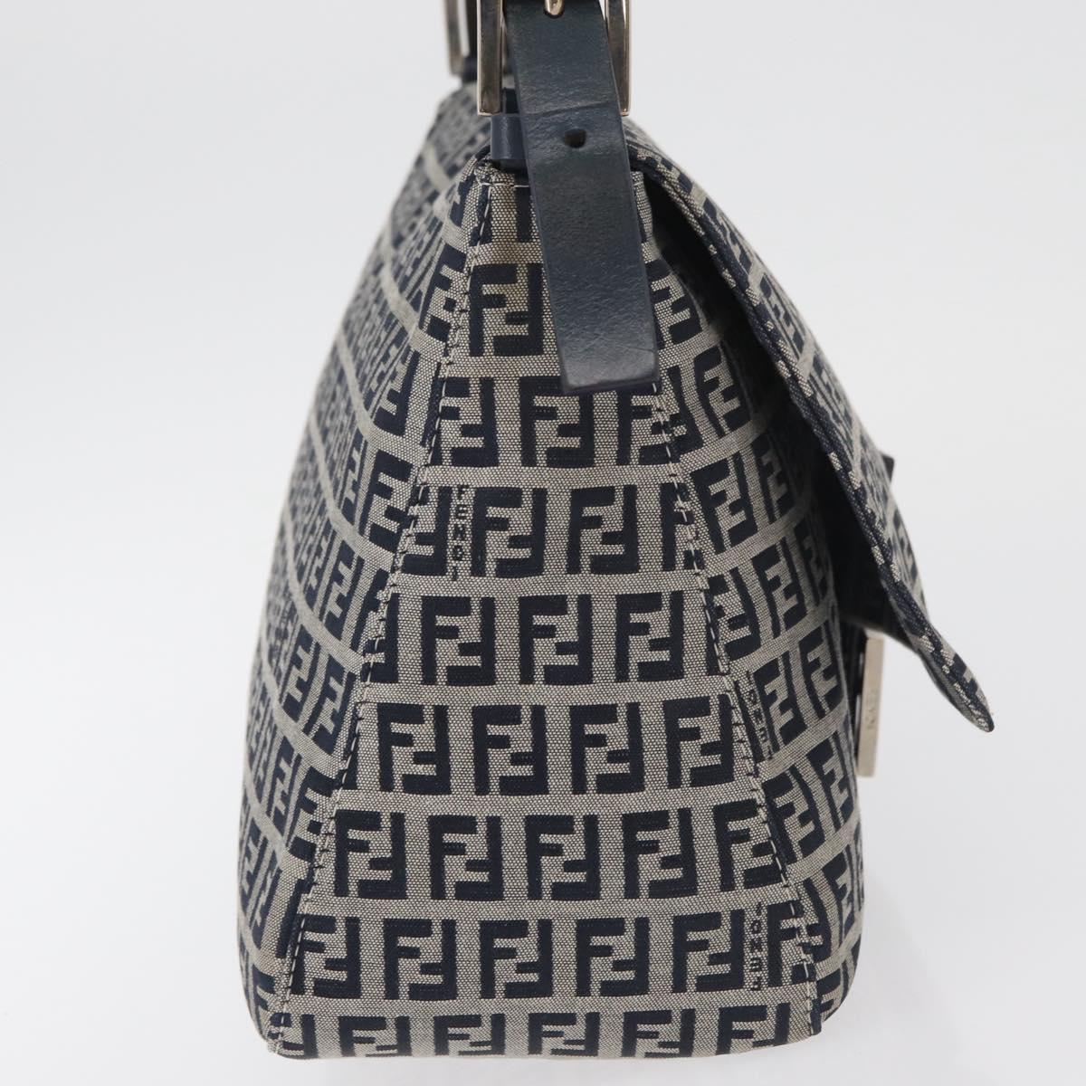 FENDI Zucchino Canvas Mamma Baguette Shoulder Bag Navy Silver Auth 176566V