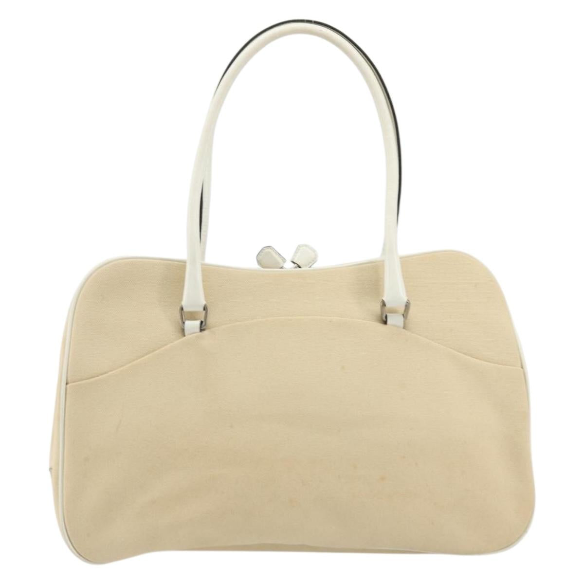 PRADA Shoulder Bag Canvas Beige Silver Auth 176585