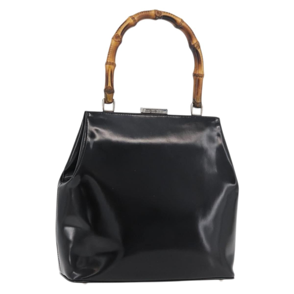 GUCCI Bamboo Hand Bag Enamel Black Silver 000 781 0295 Auth 176588