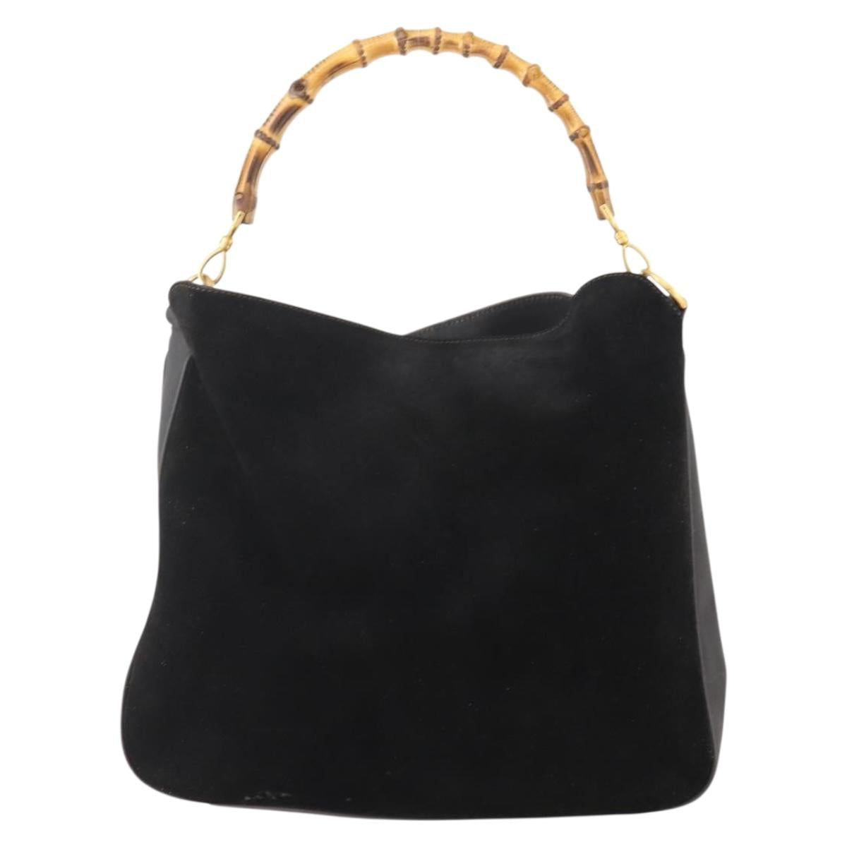 GUCCI Bamboo Shoulder Bag Suede Black Gold 001 1577 Auth 176611