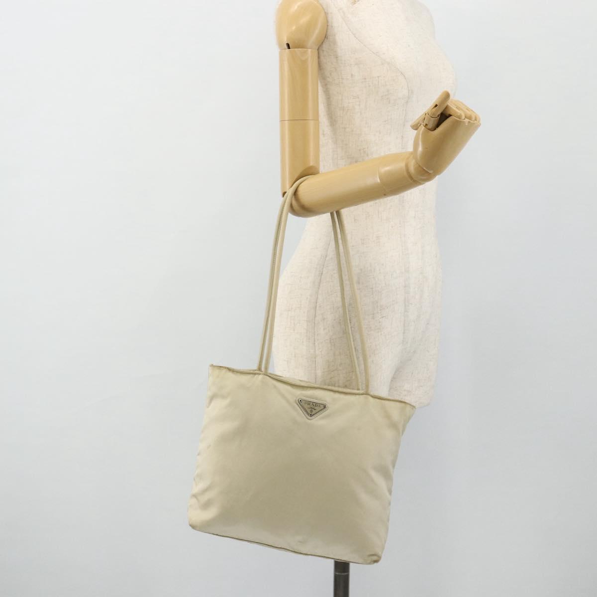 PRADA Tote Bag Nylon Beige Silver Auth 176637
