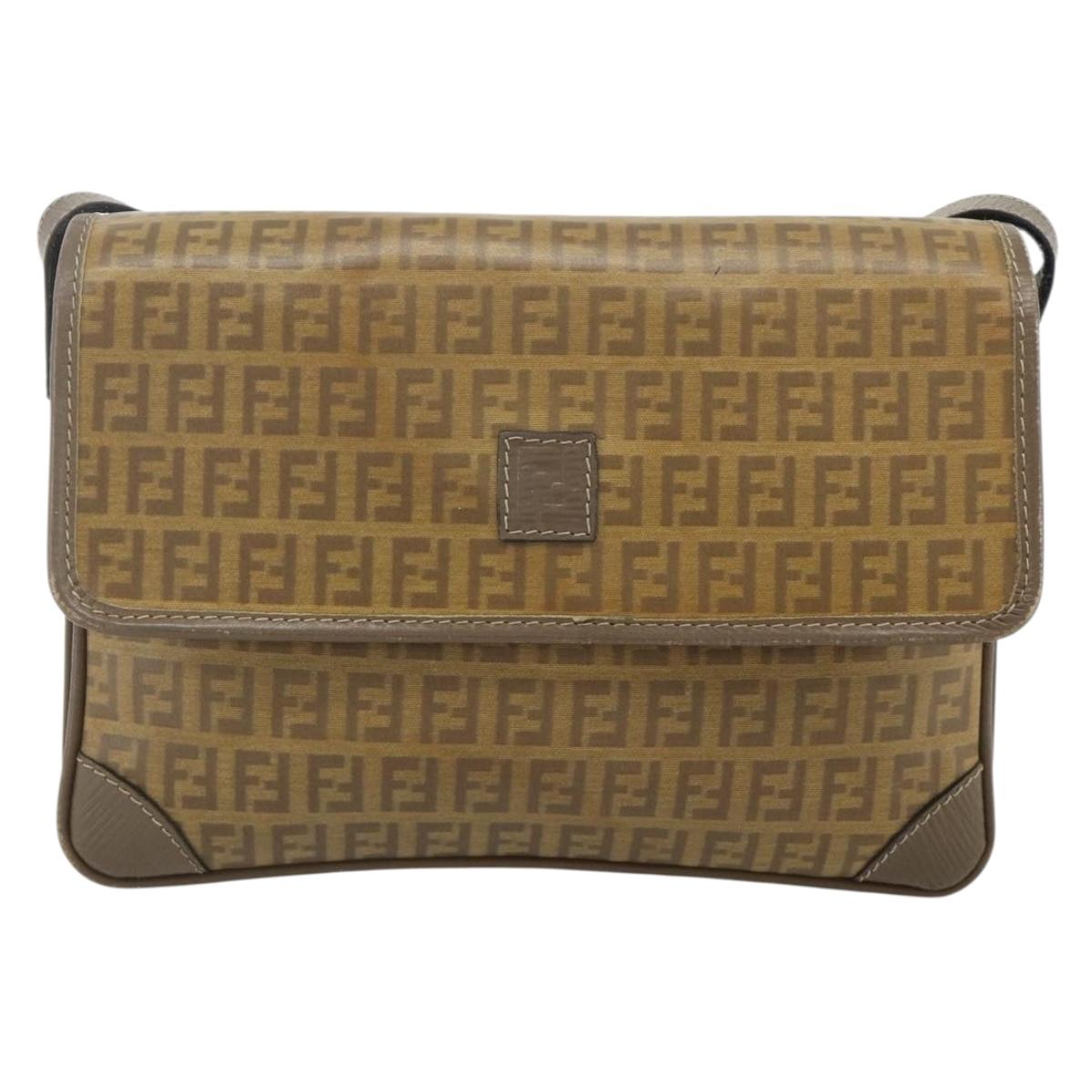 FENDI Zucchino Canvas Shoulder Bag Beige Gold Auth 176651
