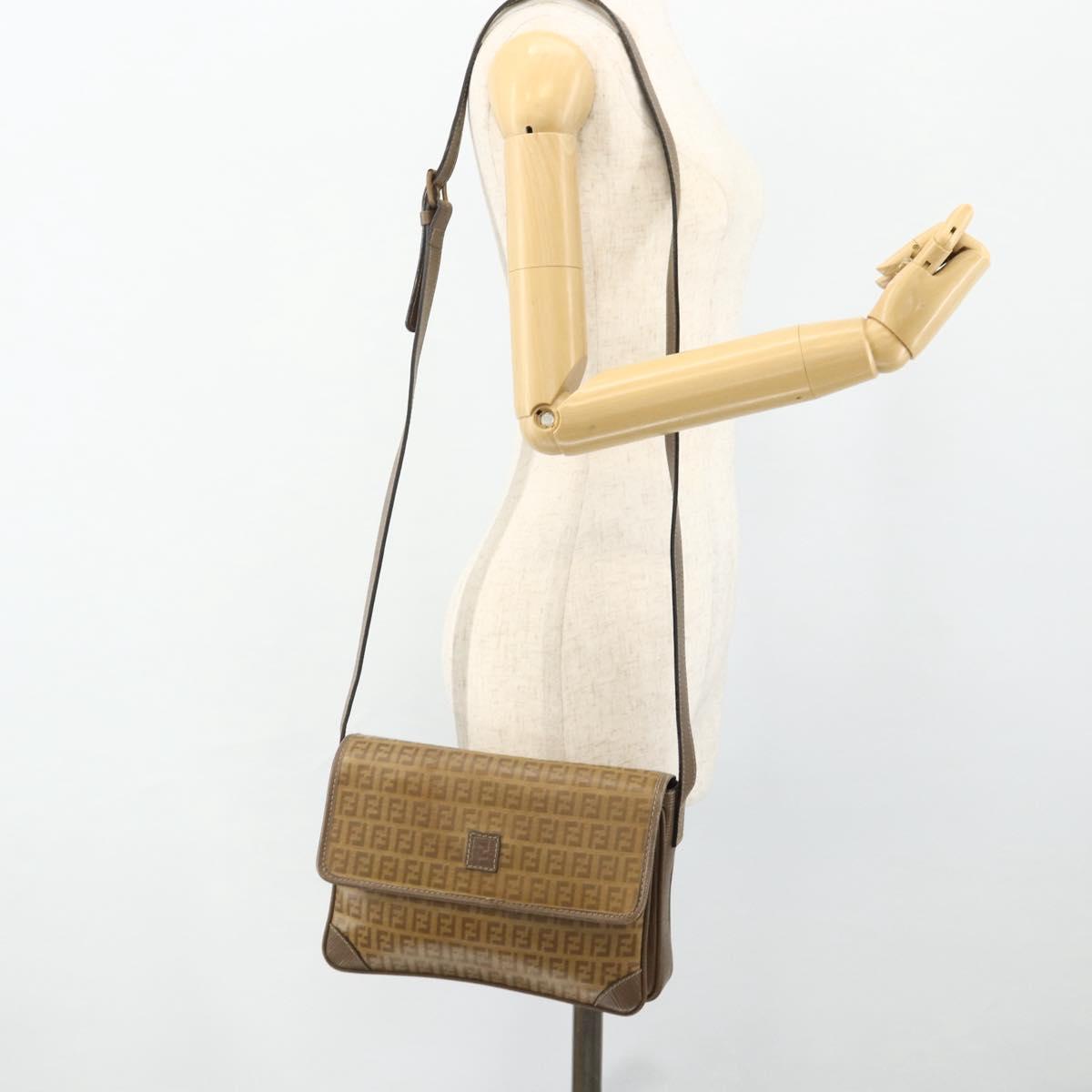 FENDI Zucchino Canvas Shoulder Bag Beige Gold Auth 176651